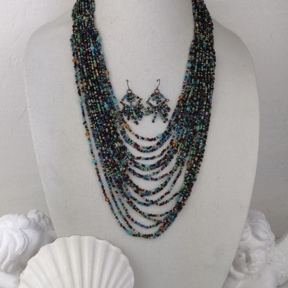 Multi Layer Multi Color Mostly Turquoise Green & Blue Multi Bead Boho Beachy ...